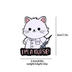 Detail view of cartoon cat nurse enamel pin with size 3x2.3cm and weight 3.6g