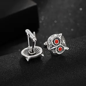 Vintage owl shirt cufflinks in antique silver finish with striking red rhinestone eyes