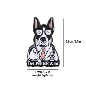 Detail of cartoon dog doctor enamel pin with dimensions 2.9cm by 1.9cm and weight 3g