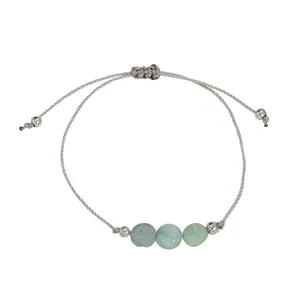 Handmade woven cord bracelet with light blue natural stones and adjustable silver beads