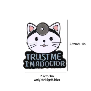 Detail view of cartoon cat doctor enamel pin with dimensions and weight specs