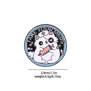 Detail showing cartoon white cat nurse enamel pin with Take Your Meds text and size specs