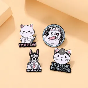 Creative set of four cartoon cat nurse and dog doctor enamel pins in medical theme