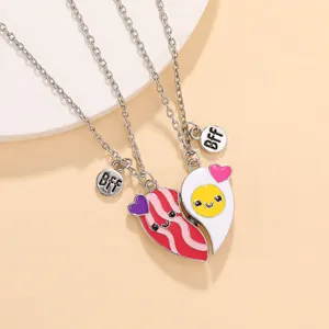 Cartoon BFF friendship necklaces with magnetic bacon and egg pendants for kids
