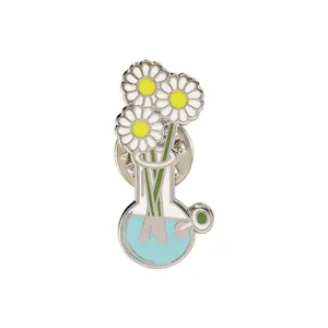 Daisy flowers in a flask enamel pin, white and yellow floral badge with metal butterfly clasp