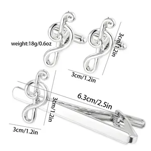 Polished silver musical note cufflinks and tie clip set for men with size markings