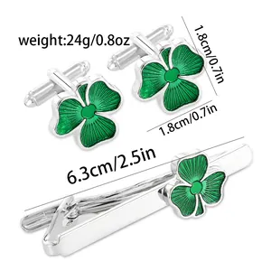 Silver four-leaf clover cufflinks and tie clip set with green enamel for men