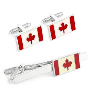 Polished silver cufflink and tie clip set featuring the Canada flag maple leaf design