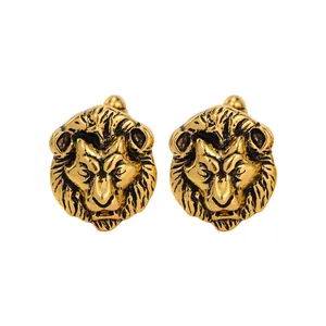 Vintage gold lion head cufflinks with detailed texture for men's formal business suits