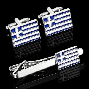 Ensemble boutons de manchette et pince à cravate argentés avec motif de drapeau grec