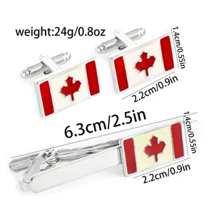 Men's silver metal Canada flag cufflinks and tie clip set with red enamel maple leaf motif