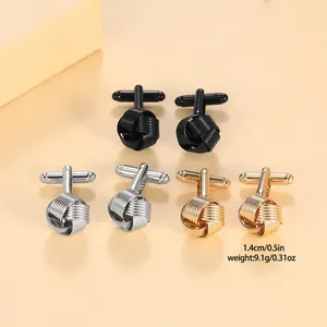 Three pairs of elegant twisted knot cufflinks in black, silver, and gold metal finishes