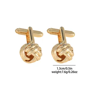 Detailed view of gold twist knot cufflinks with 1.3cm diameter and 7.6g weight info