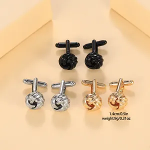 Three pairs of elegant twisted metal knot cufflinks in black, silver, and gold finishes