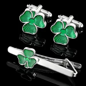 Men's Business Silver Alloy Green Shamrock Clover Cufflinks And Tie Clip St. Patrick's Day Gift Fashion Shirt Accessories