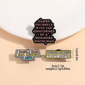 Funny slogan enamel pin set featuring creative sarcastic phrases on metal badges