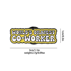 Detail showing World's Okayest Co-worker enamel pin dimensions and metal backing