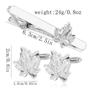Silver maple leaf cufflinks and tie clip set with detailed dimensions and weights