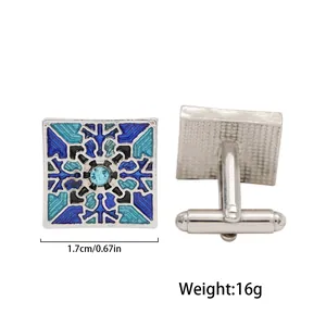 Close-up of square blue enamel cufflinks with rhinestones and T-bar back, 1.7cm size