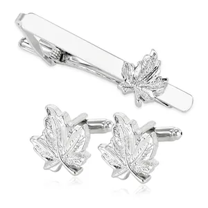 Silver maple leaf necktie clip and cufflinks set for men's business formal suit