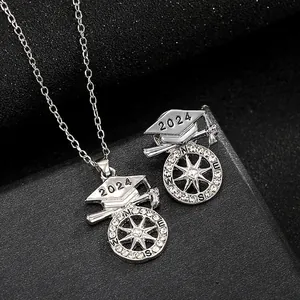 2024 Graduation Doctoral Hat Compass Brooch Necklace Alloy Rhinestone Commemorative Jewelry Student Gift For Men Women