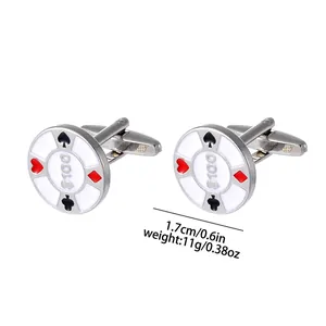 Silver poker chip cufflinks with card suits and $100 denomination on white background