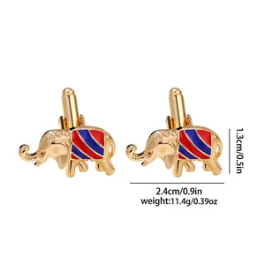 Macro view of gold elephant cufflinks with striped enamel, sized 2.4cm x 1.3cm