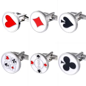 Polished silver cufflinks featuring poker card suits and $100 chip patterns in enamel