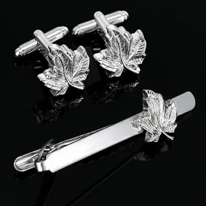 Men Business Cufflinks And Tie Clip Alloy Maple Leaf Pattern Silver Gold Plated Formal Shirt Jewelry Accessories Gift
