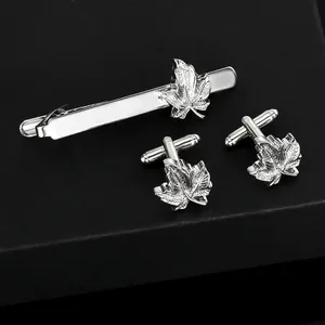 Silver maple leaf cufflinks and tie clip set for men in elegant black gift box
