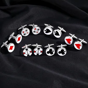 Detailed set of silver poker cufflinks with enamel suits and 100 dollar chip designs