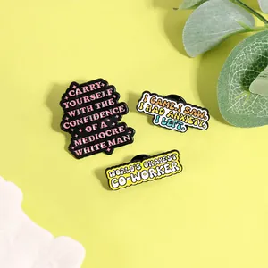 Detailed close-up of three creative alloy enamel pins with humorous English slogans