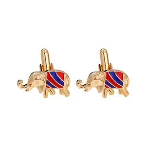 Detail of golden elephant cufflinks with red and blue enamel and bullet back closure