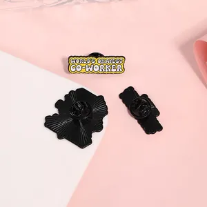 Detail view of World's Okayest Co-Worker enamel pins with front and back butterfly clutch
