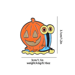 Detailed view of snail pumpkin enamel pin showing dimensions 3.1cm by 3cm and 4.6g weight