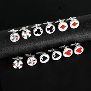 Men's Playing Card Suit Cufflinks Business French Shirt Accessories Spade Heart Club Diamond Casino Chip Enamel Alloy Cufflinks Silver Tone
