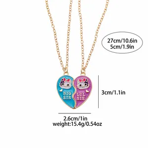 Collane sorelle a cuore con gatto dorato con smalto blu Big Sis e viola Lil Sis