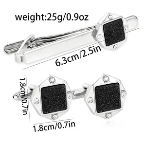 Manschettenknöpfe und Krawattennadel Set in Silber mit schwarzen Glitzer Sechsecken