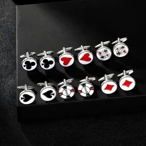 Close-up of poker cards and chip cufflinks set displayed in a premium black textured box