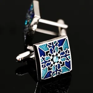 Men's square cufflinks with blue geometric enamel pattern and center crystal inlay