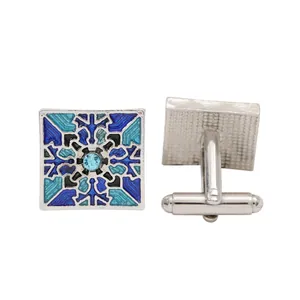 Blue mosaic square cufflinks for men with light blue crystal and T-shape closure
