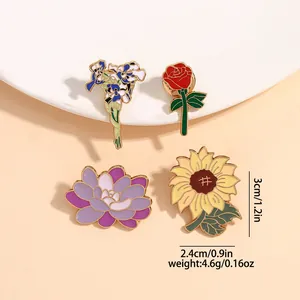 Lot de broches émaillées fleurs avec rose tournesol et lys avec dimensions détaillées
