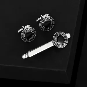 Vintage Greek Key Round Cufflinks And Tie Clip Silver Plated Alloy Black Enamel Business Shirt Accessories For Men Gift Father