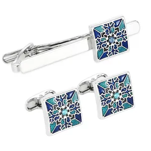Men's silver business set with square blue enamel tie clip and matching cufflinks