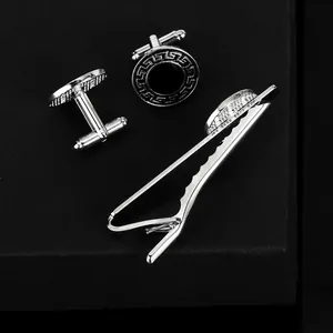 Classic silver and black round Greek meander cufflink and tie clip set for men
