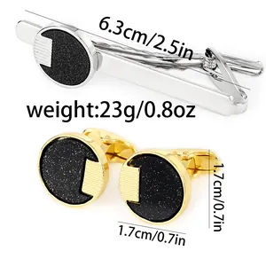 Men's accessory set with silver tie clip and round gold cufflinks in starlit matte finish