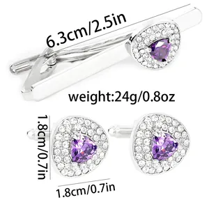 Silver cufflinks and tie clip set featuring purple triangular crystals with pave rhinestones
