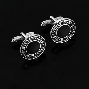 Classic silver round cufflinks with Greek Key pattern and black enamel center on black base