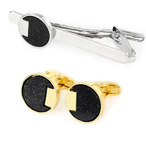 Men's business set with silver tie clip and round starry black and gold cufflinks