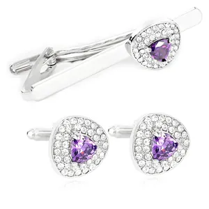 Silver cufflinks and tie clip set with teardrop purple zircon and crystal pavé